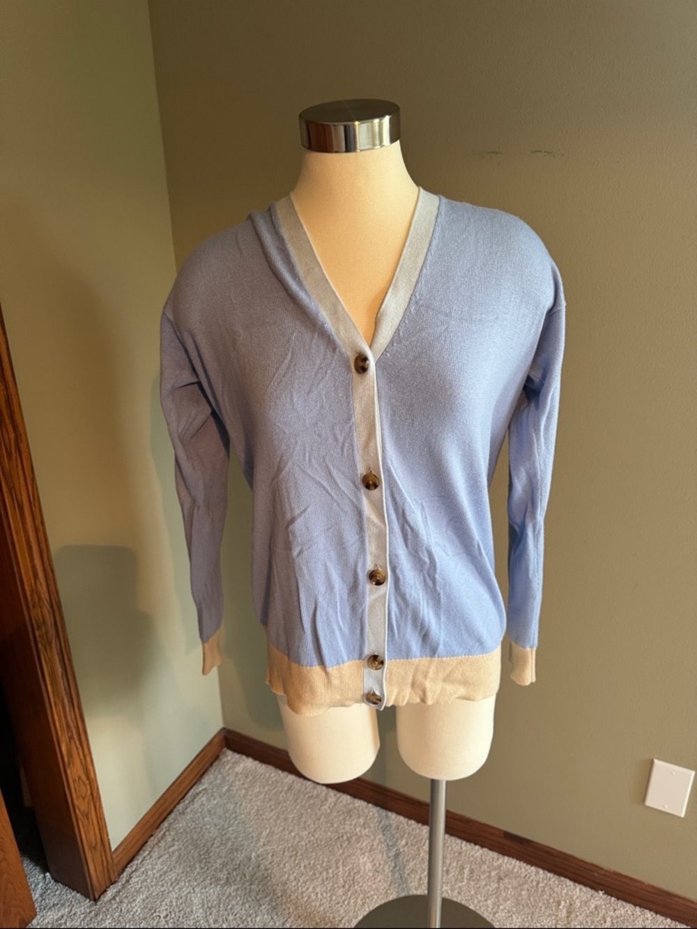 Ann Taylor Light Blue and Cream Button-Front Cardigan